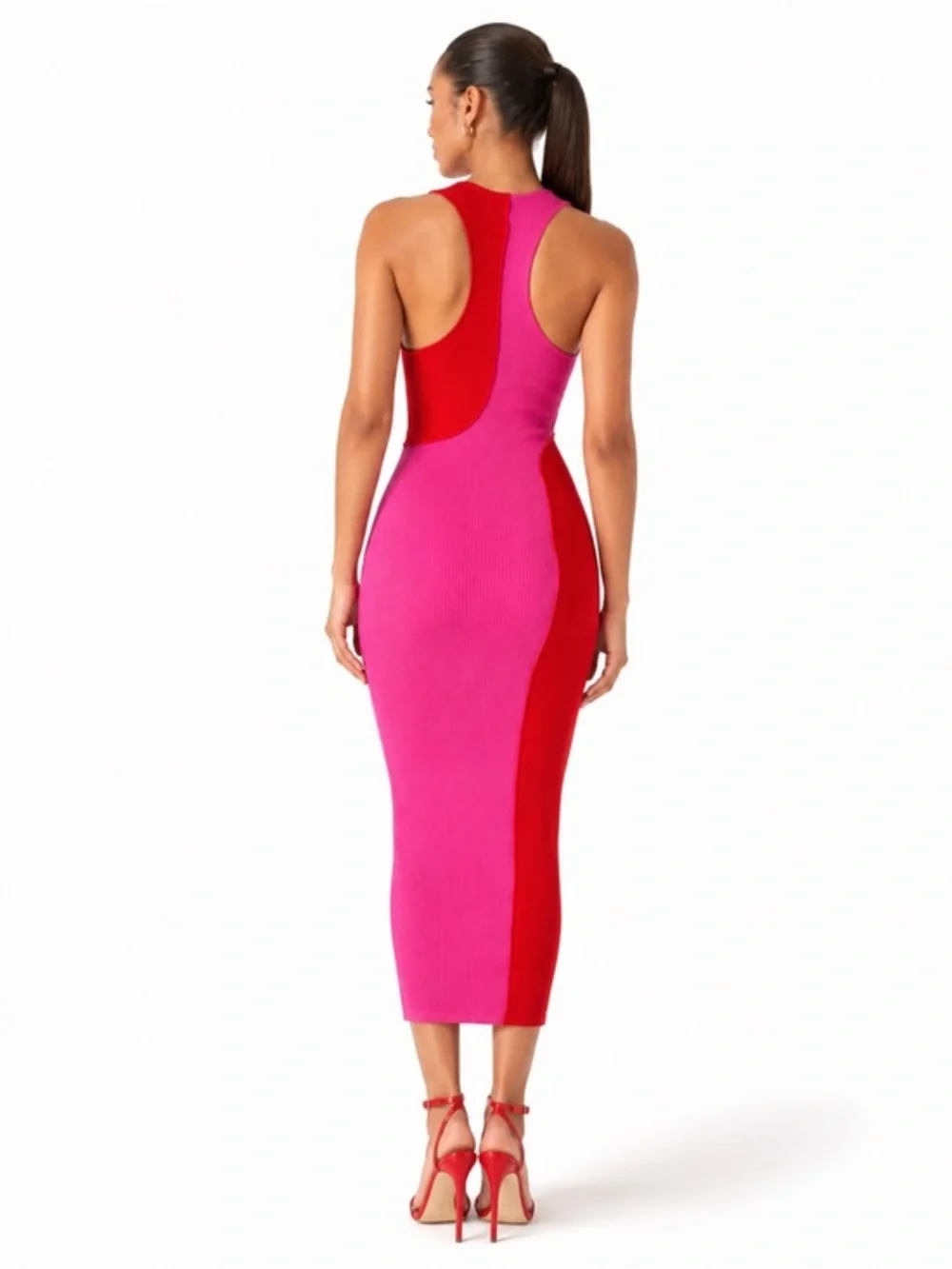 NWOT Sexy Naked Wardrobe Pink Red Colorblock Ribbed Bodycon Midi Dress L